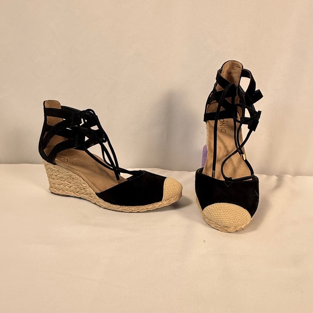 Vionic Calypso Black Suede Espadrille Wedge Sandals Lace Up‎ Cap Toe Women's 7.5